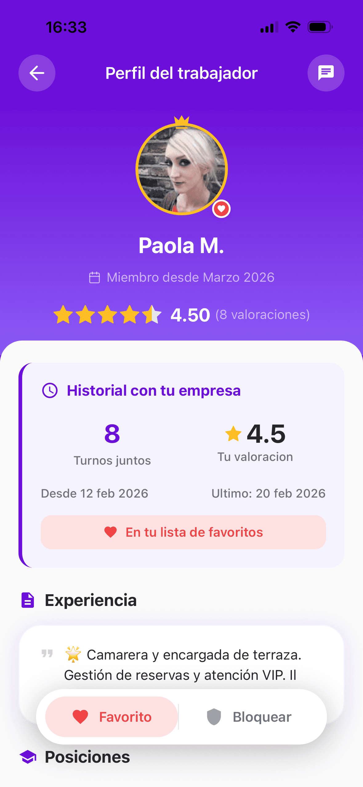 App de Shifty — perfil de profesional