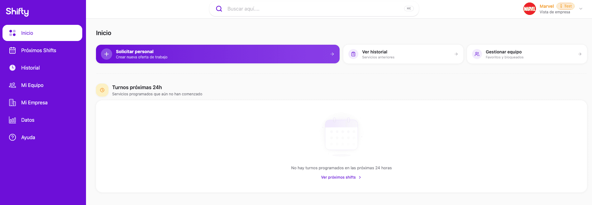 Panel de gestión Shifty mostrando turnos disponibles