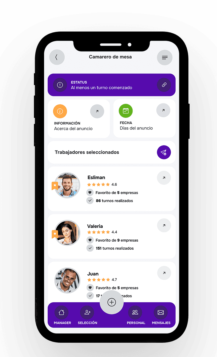 Pantalla de la app de Shifty mostrando perfiles verificados de profesionales