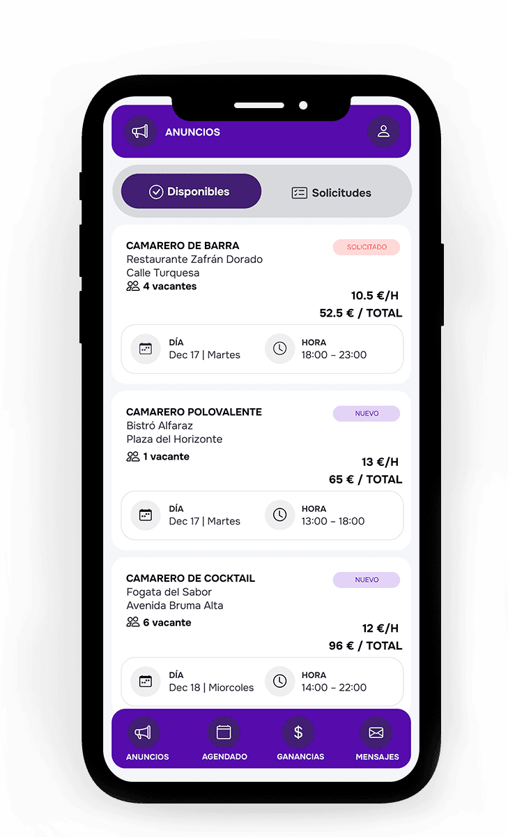 App Shifty mostrando condiciones de pago de un turno de hostelería