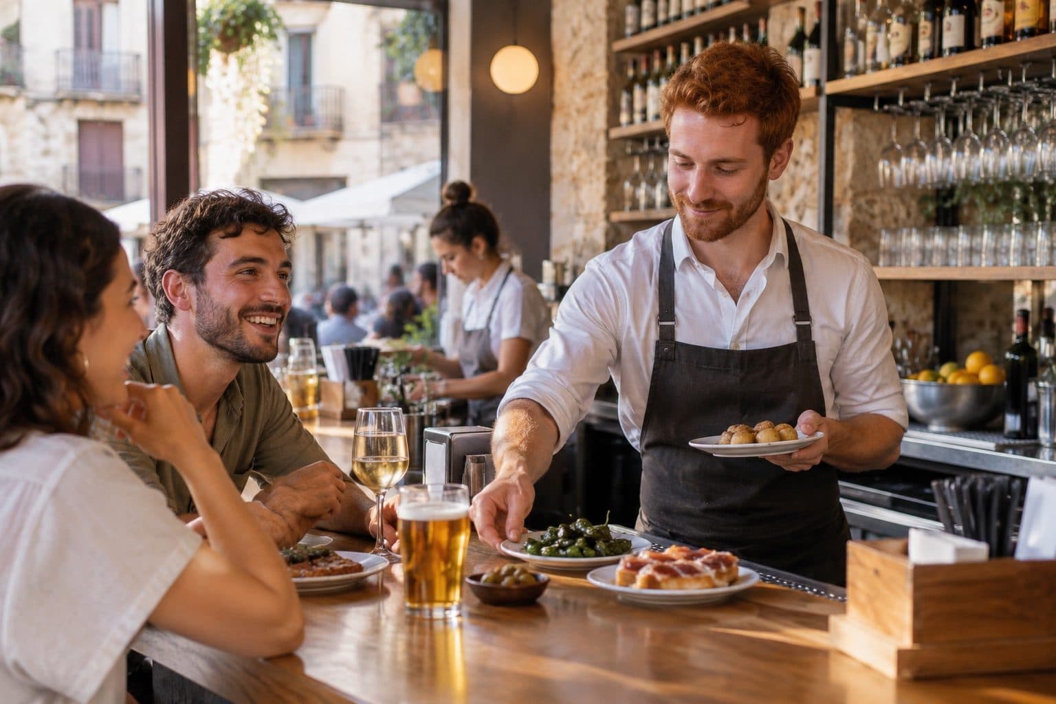 Profesional de hostelería en Barcelona consultando información sobre su convenio y salario