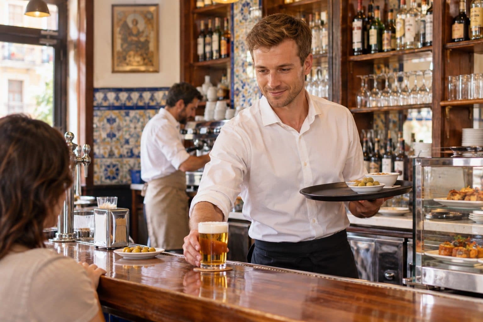 Profesional de hostelería en Madrid consultando información sobre su convenio y salario