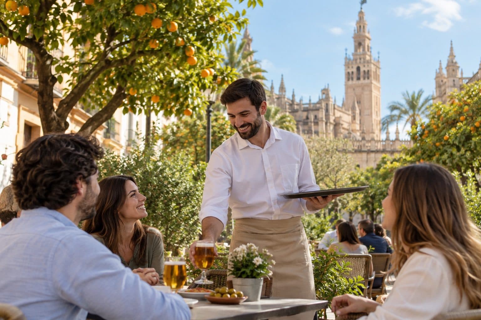 Camarero sirviendo en un restaurante de Sevilla