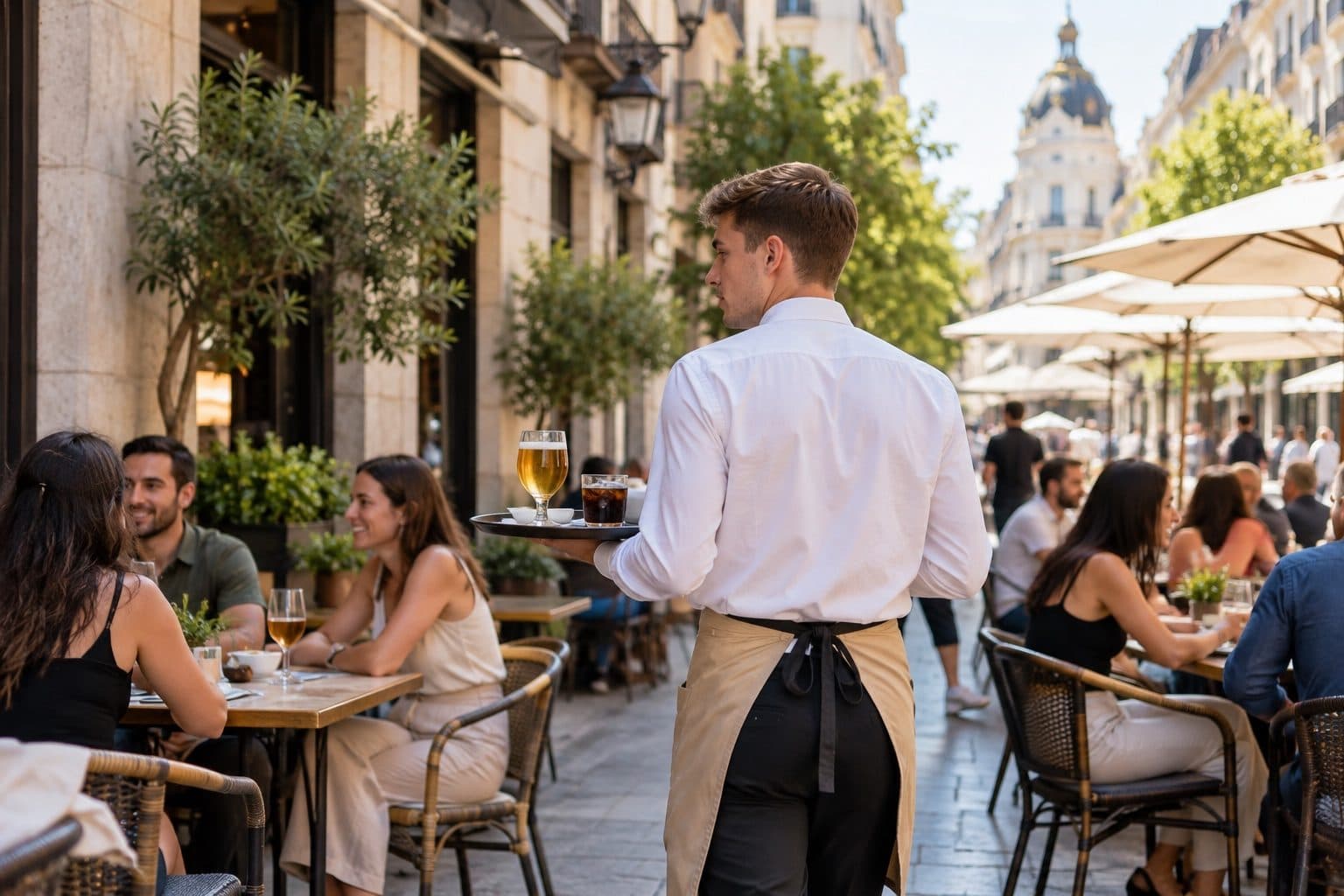 Camarero profesional sirviendo en un restaurante de Madrid
