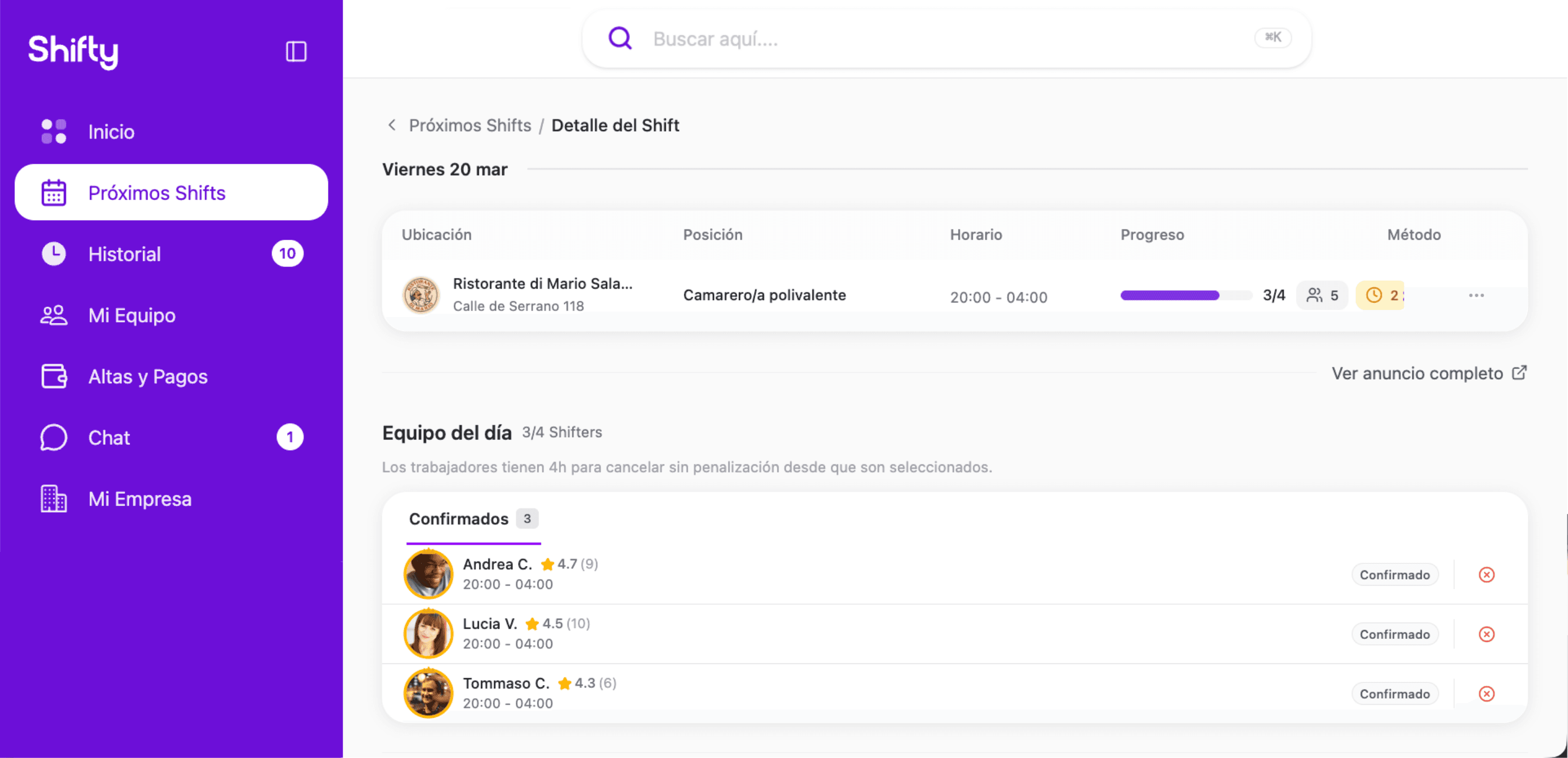 Dashboard de Shifty para empresas