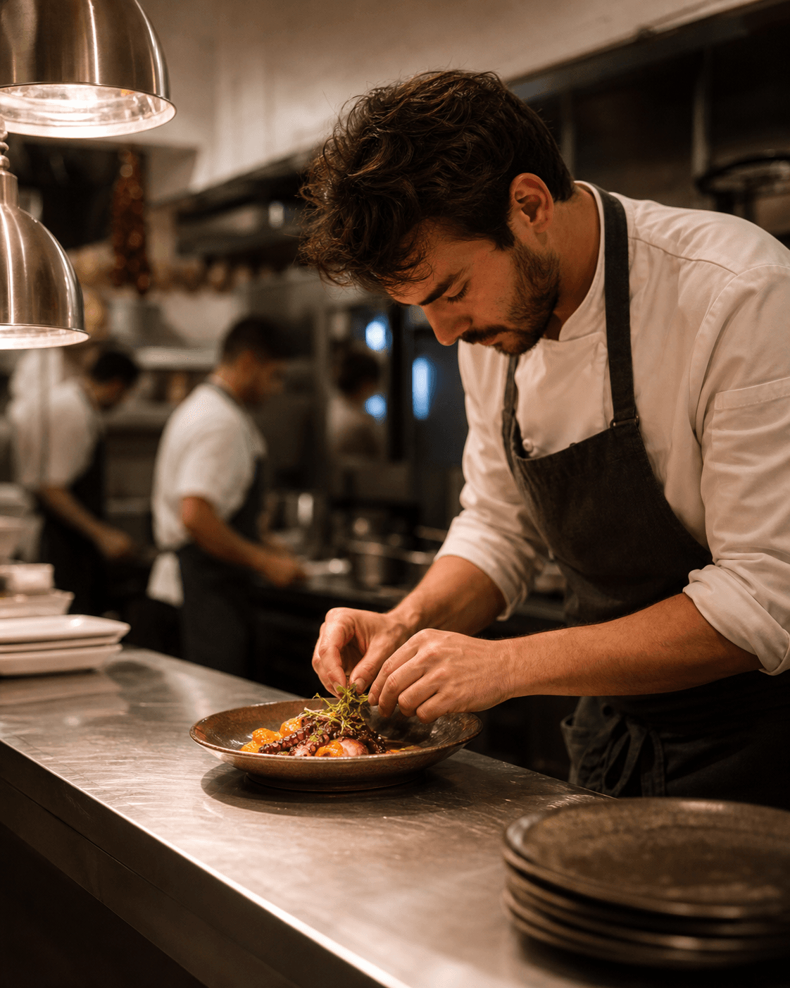 Cocinero preparando un plato durante un servicio de restaurante