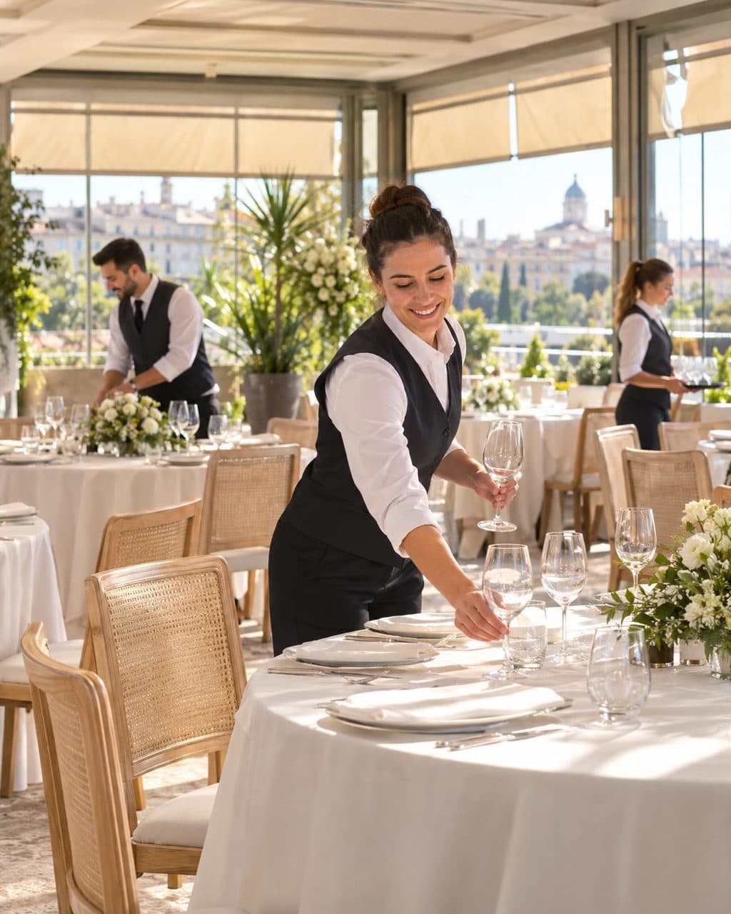 Equipo preparando el salón de banquetes de un hotel