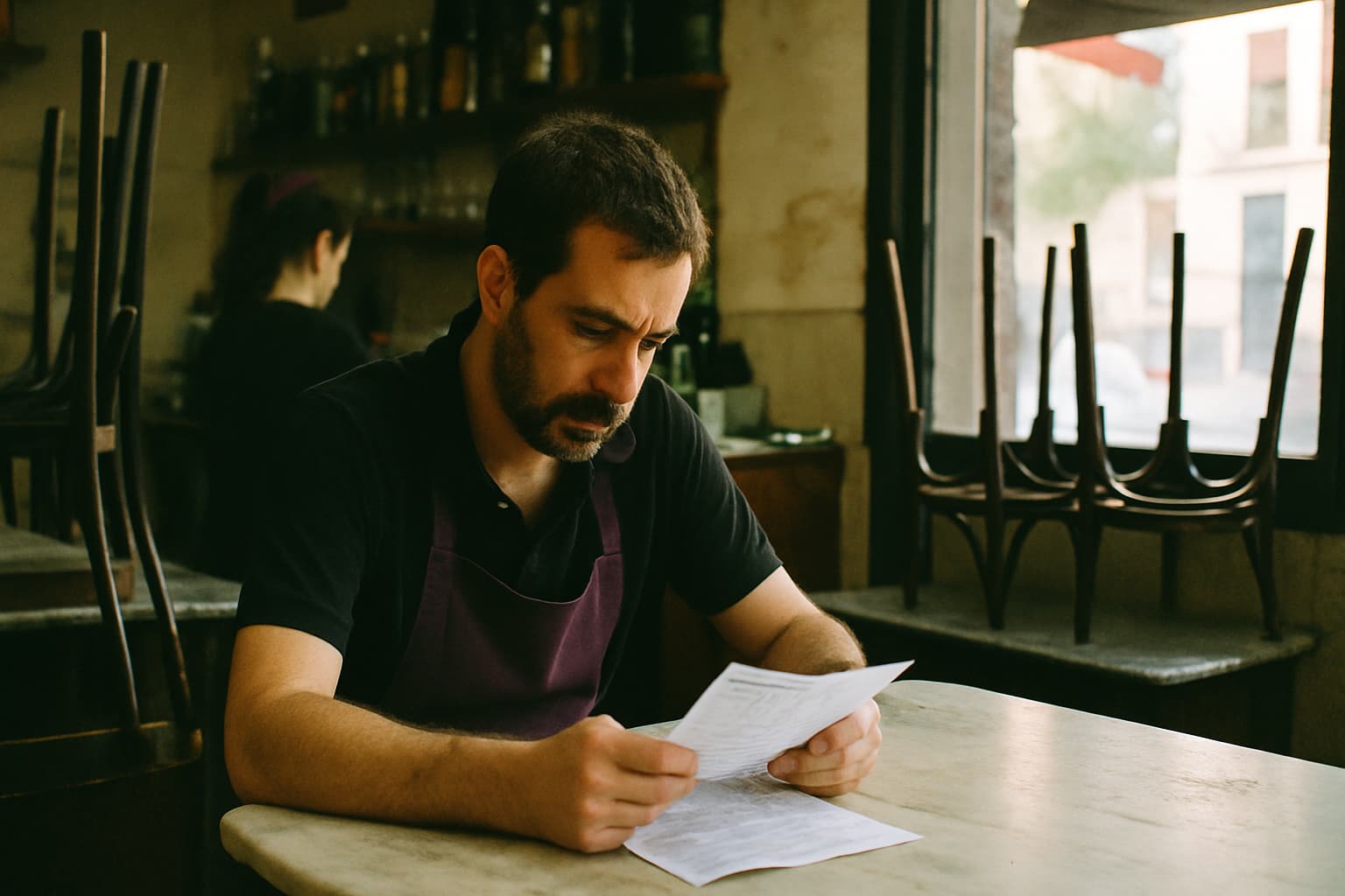 Profesional de hostelería en Madrid consultando información sobre su convenio y salario
